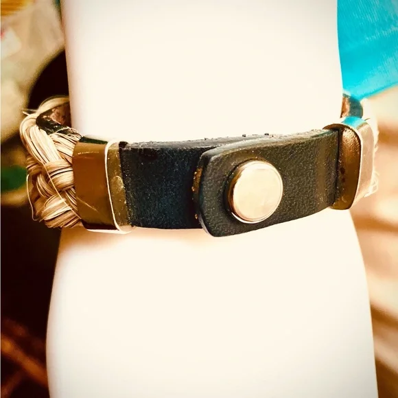 Genuine oval turquoise stones bracelet, braided horse hair on a leather strap - Picture 9 of 10